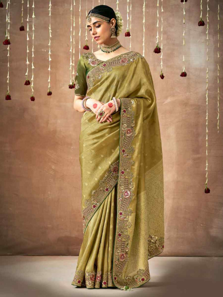 Olive Green Organza Silk Embroidered Reception Wedding Heavy Border Saree