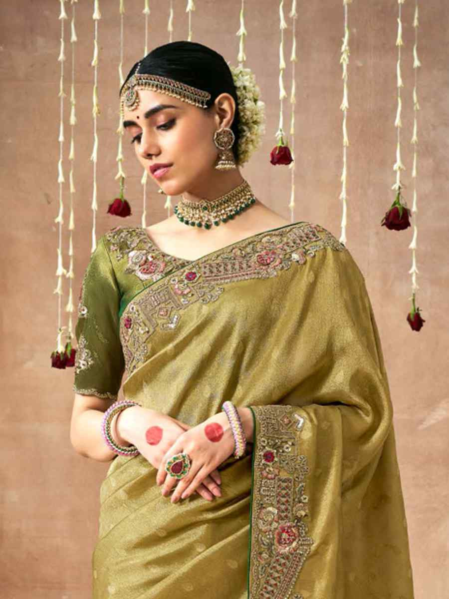 Olive Green Organza Silk Embroidered Reception Wedding Heavy Border Saree