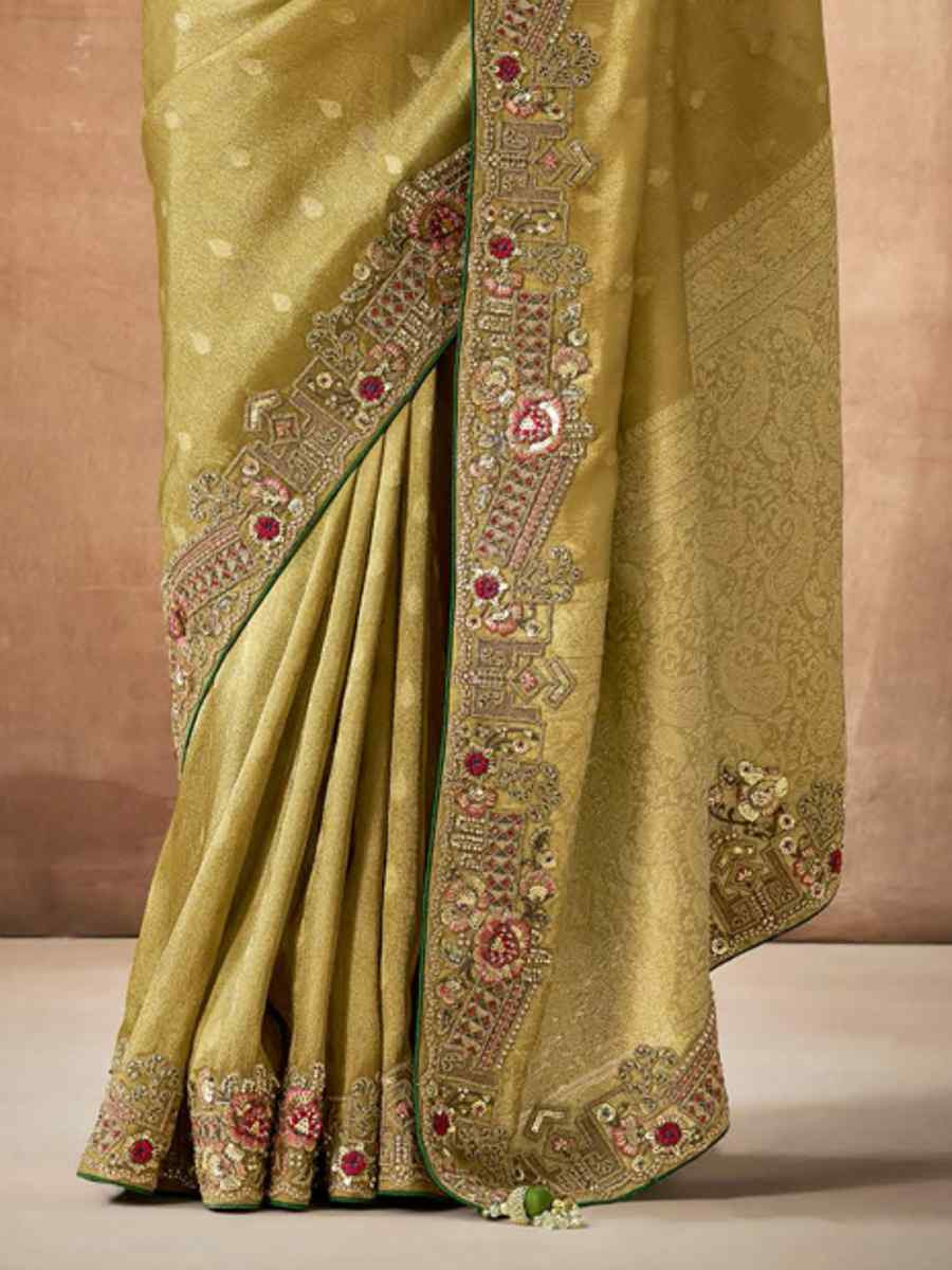 Olive Green Organza Silk Embroidered Reception Wedding Heavy Border Saree