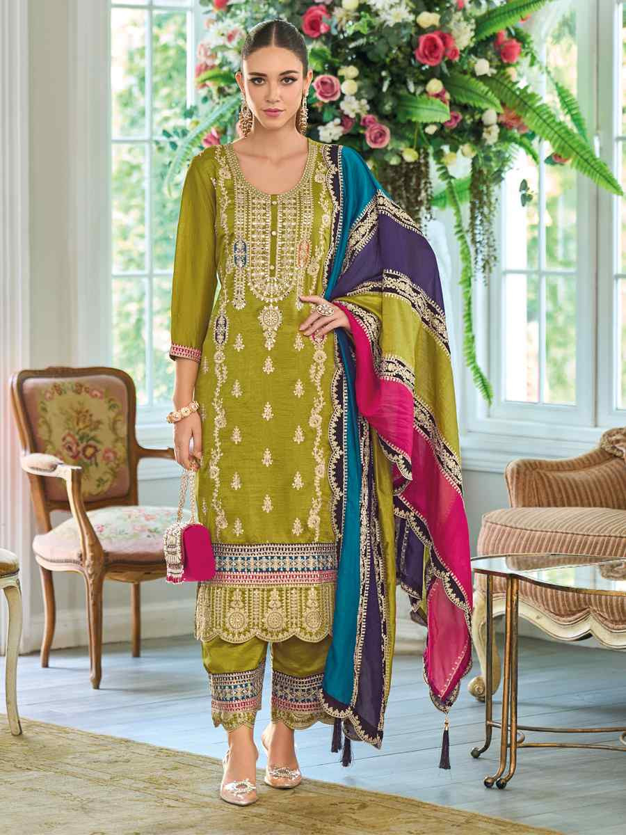 Olive Green Premium Chinon Silk  Embroidered Festival Wedding Pant Salwar Kameez