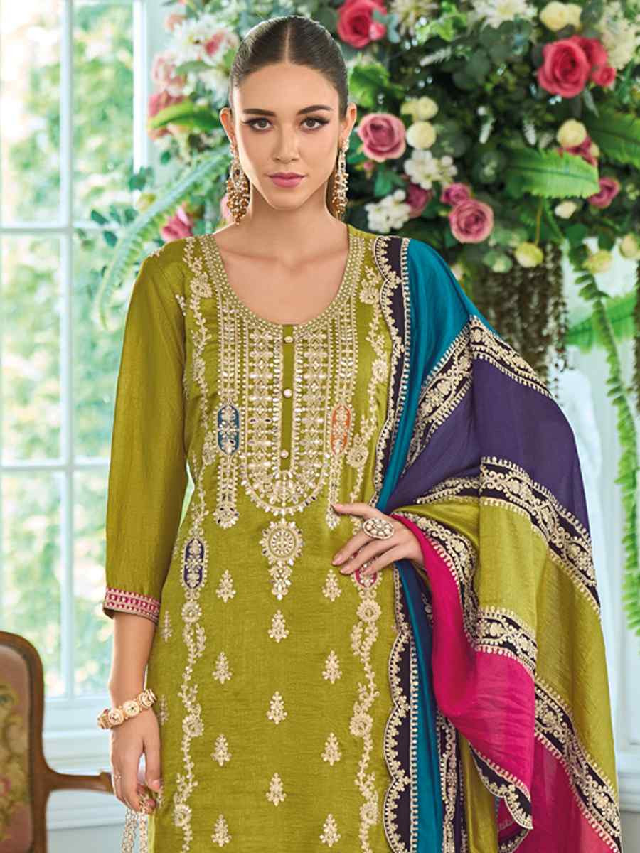 Olive Green Premium Chinon Silk  Embroidered Festival Wedding Pant Salwar Kameez