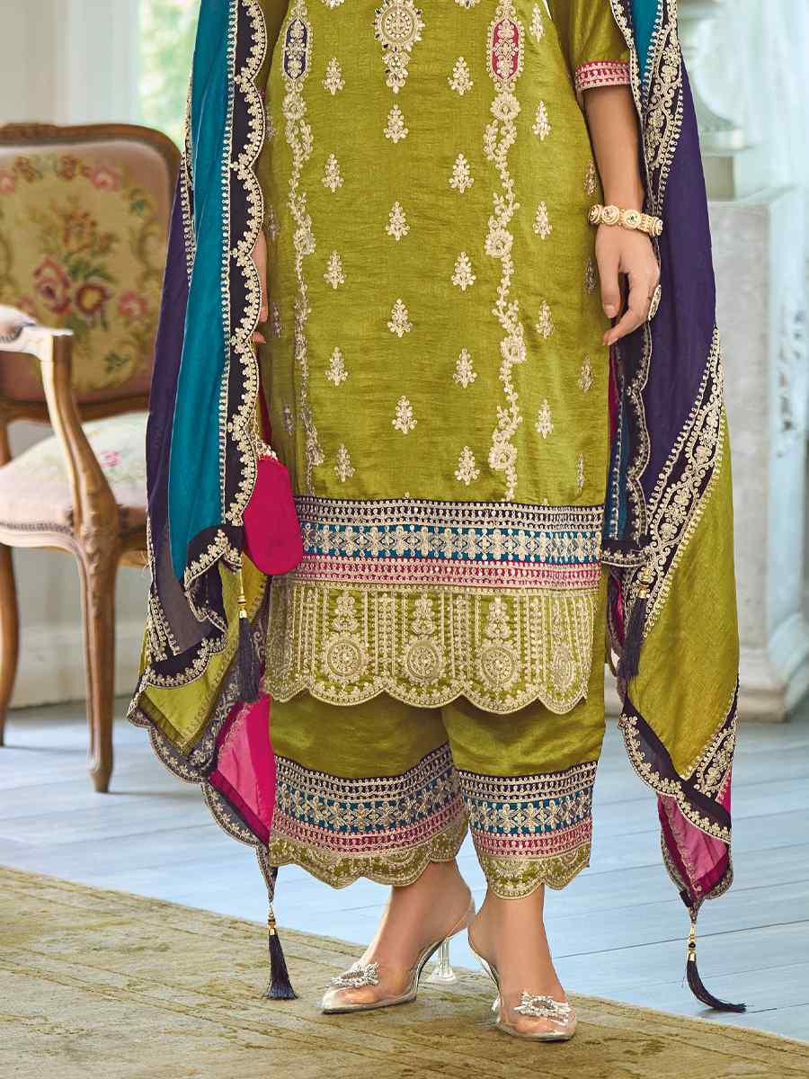 Olive Green Premium Chinon Silk  Embroidered Festival Wedding Pant Salwar Kameez