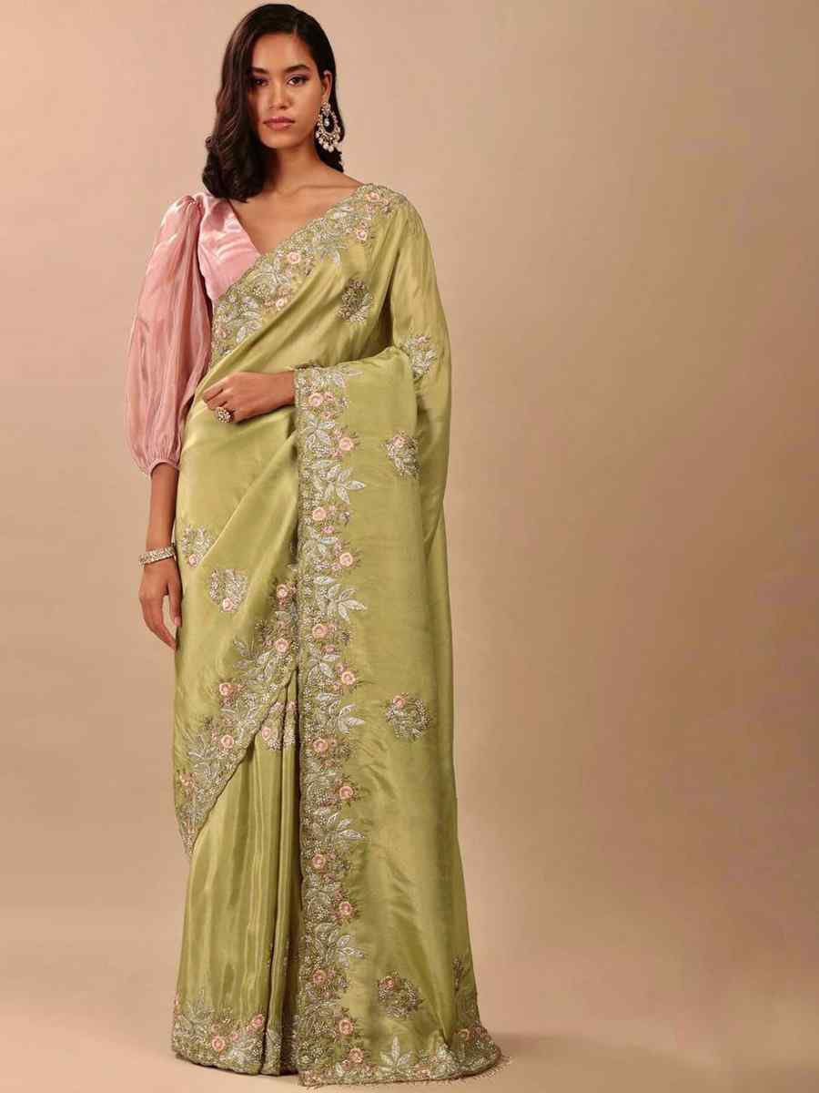 Olive Green Premium Chinon Silk Embroidered Party Reception Heavy Border Saree