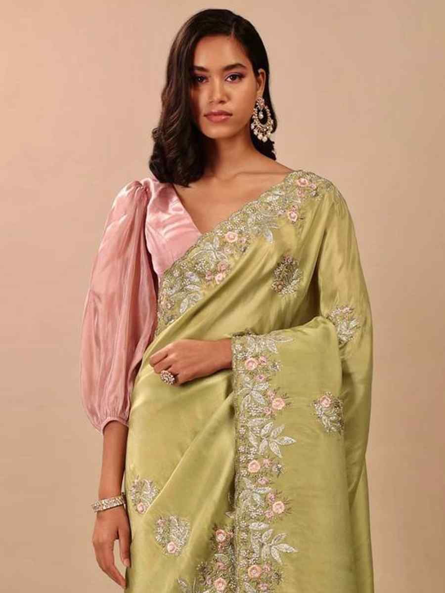 Olive Green Premium Chinon Silk Embroidered Party Reception Heavy Border Saree