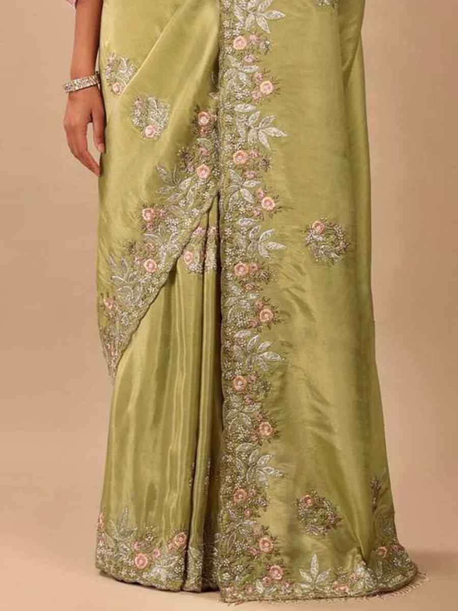 Olive Green Premium Chinon Silk Embroidered Party Reception Heavy Border Saree