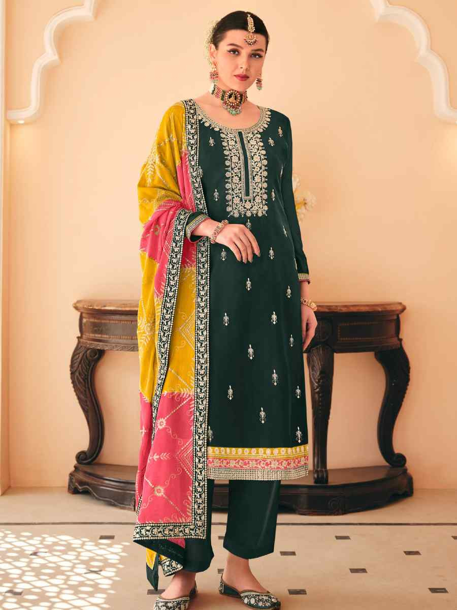 Olive Green Premium Organza Embroidered Festival Wedding Pant Salwar Kameez