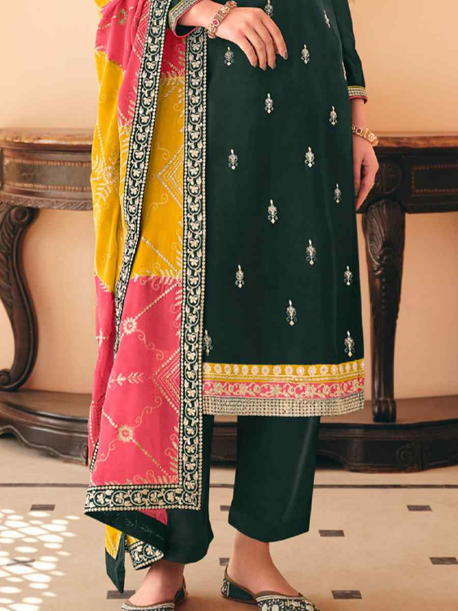 Olive Green Premium Organza Embroidered Festival Wedding Pant Salwar Kameez