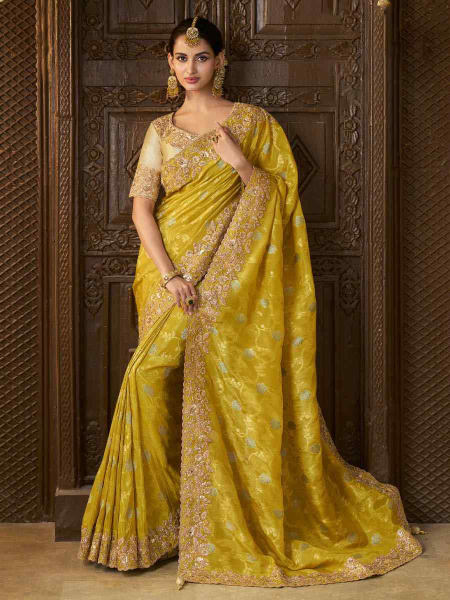 Olive Green Pure Tissue Silk Embroidered Festival Wedding Heavy Border Saree