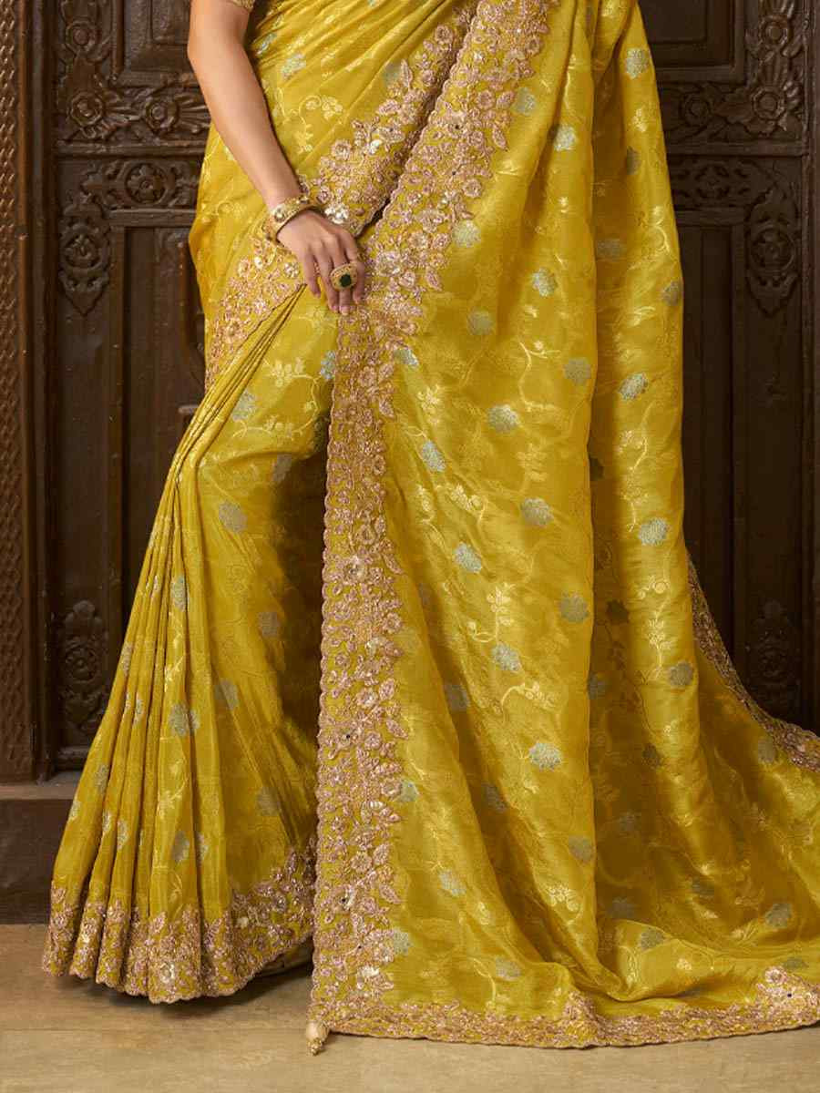 Olive Green Pure Tissue Silk Embroidered Festival Wedding Heavy Border Saree