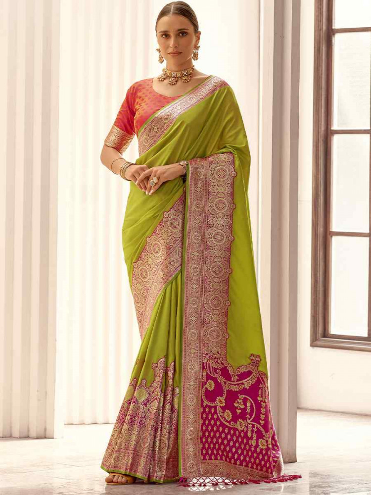 Olive Green Satin Silk Handwoven Festival Wedding Heavy Border Saree