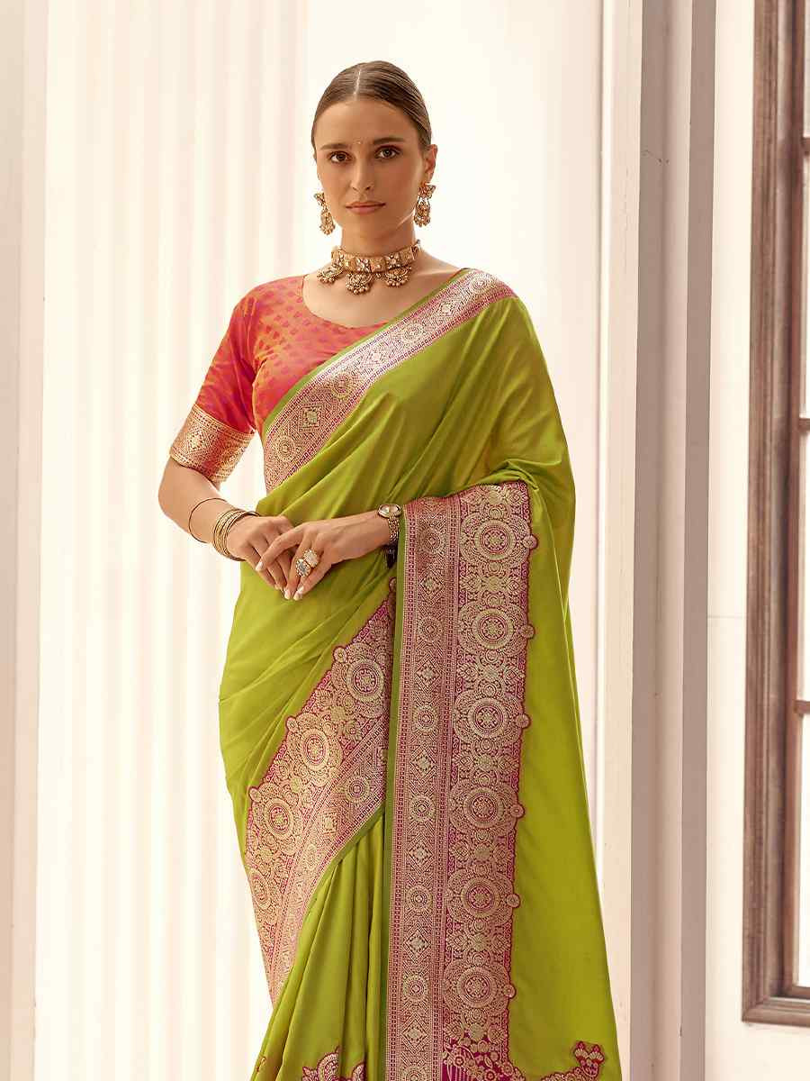 Olive Green Satin Silk Handwoven Festival Wedding Heavy Border Saree