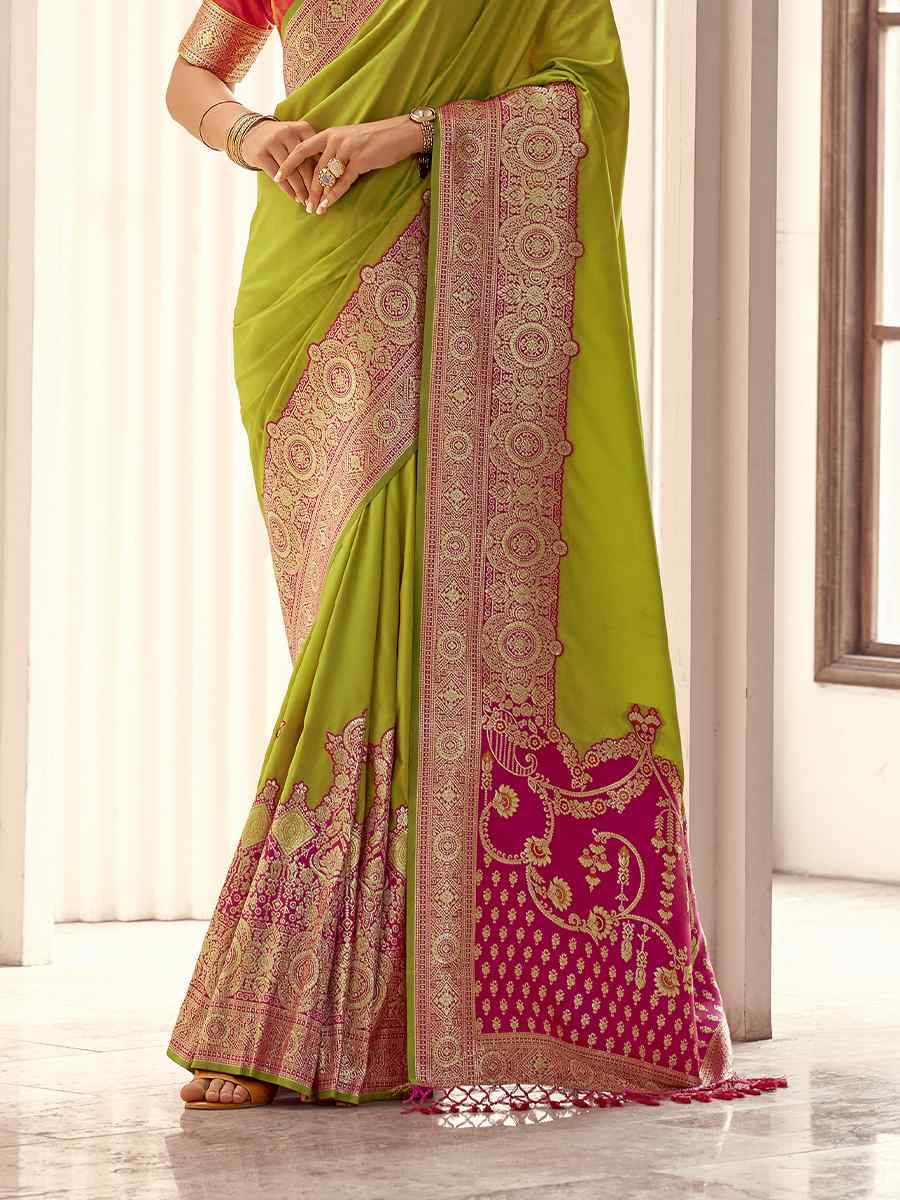 Olive Green Satin Silk Handwoven Festival Wedding Heavy Border Saree