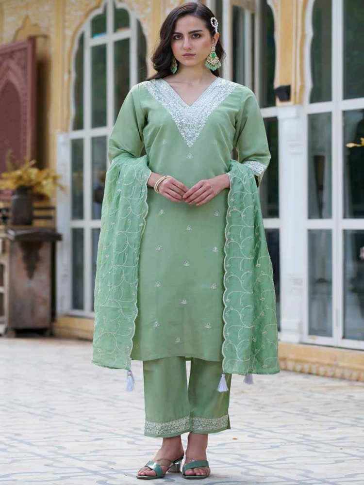 Olive Green Silk Blend Embroidered Festival Mehendi Ready Pant Salwar Kameez