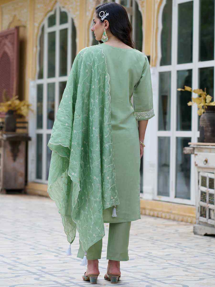 Olive Green Silk Blend Embroidered Festival Mehendi Ready Pant Salwar Kameez