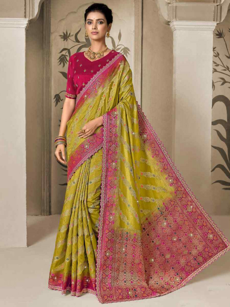 Olive Green Silk Embroidered Reception Wedding Heavy Border Saree