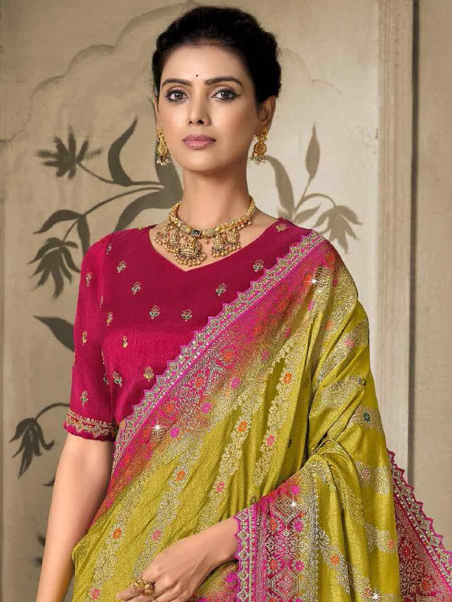 Olive Green Silk Embroidered Reception Wedding Heavy Border Saree