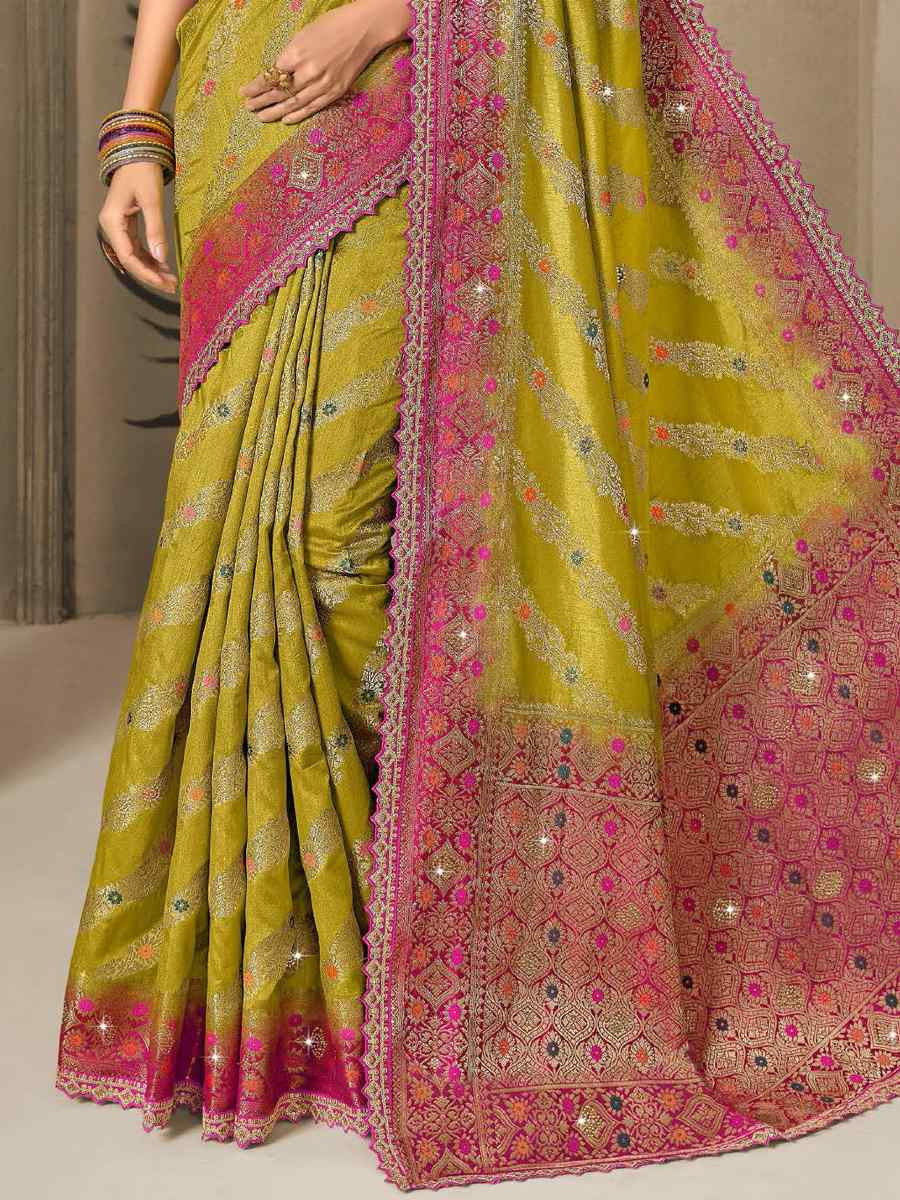 Olive Green Silk Embroidered Reception Wedding Heavy Border Saree