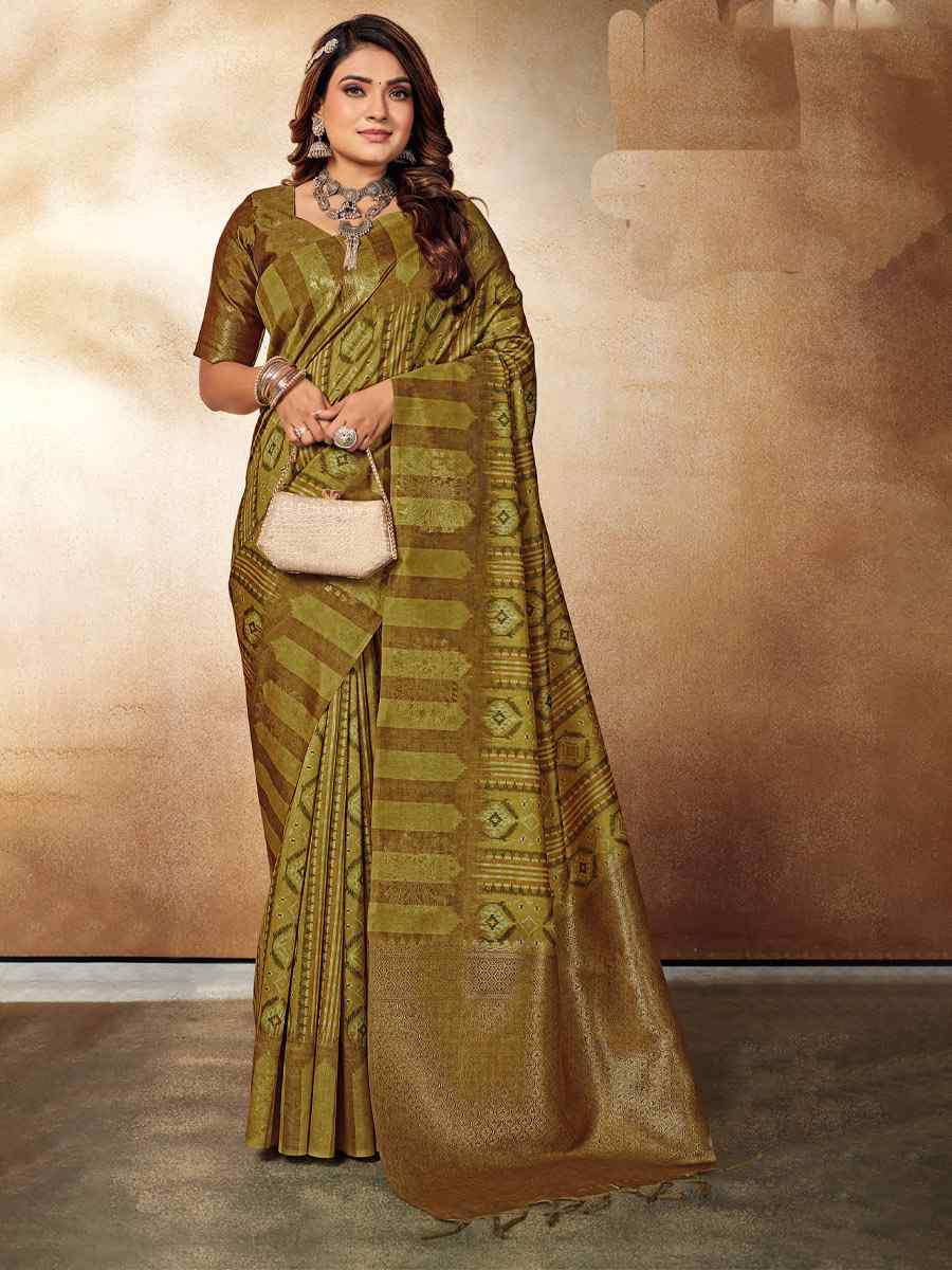 Olive Green Silk Handwoven Festival Casual Classic Style Saree