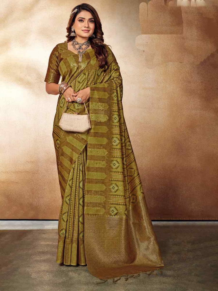 Olive Green Silk Handwoven Festival Casual Classic Style Saree