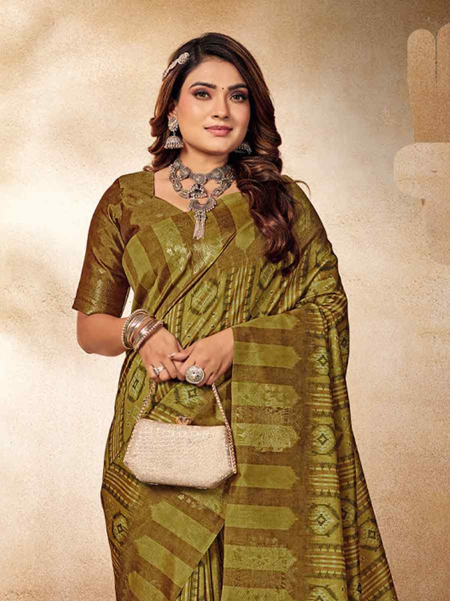 Olive Green Silk Handwoven Festival Casual Classic Style Saree