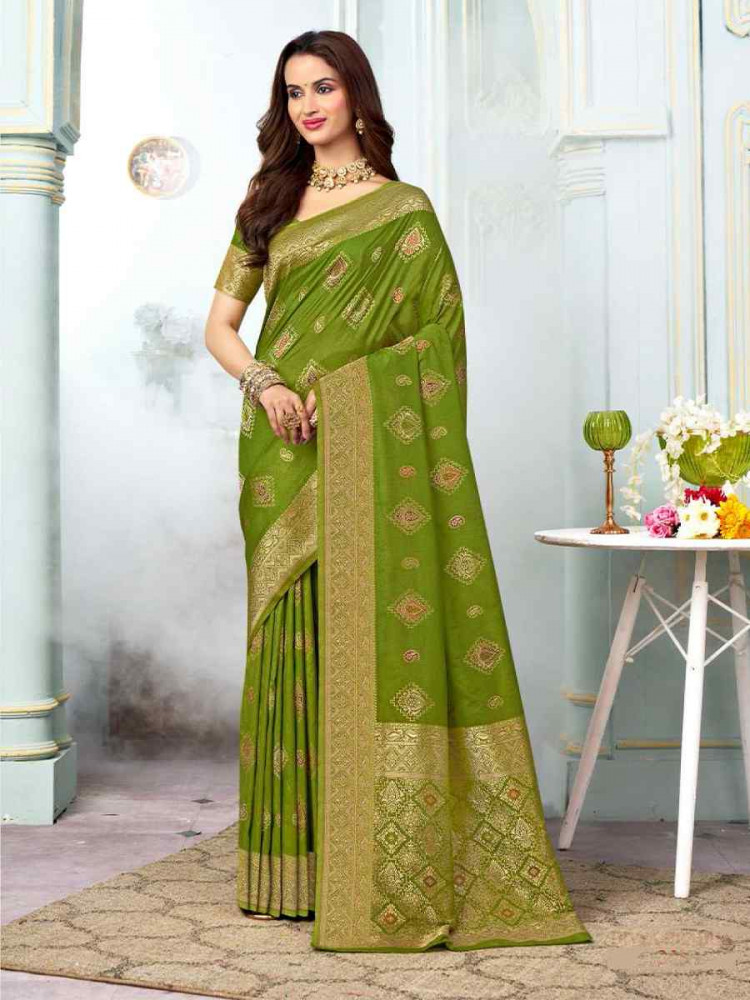 Olive Green Silk Handwoven Festival Wedding Heavy Border Saree