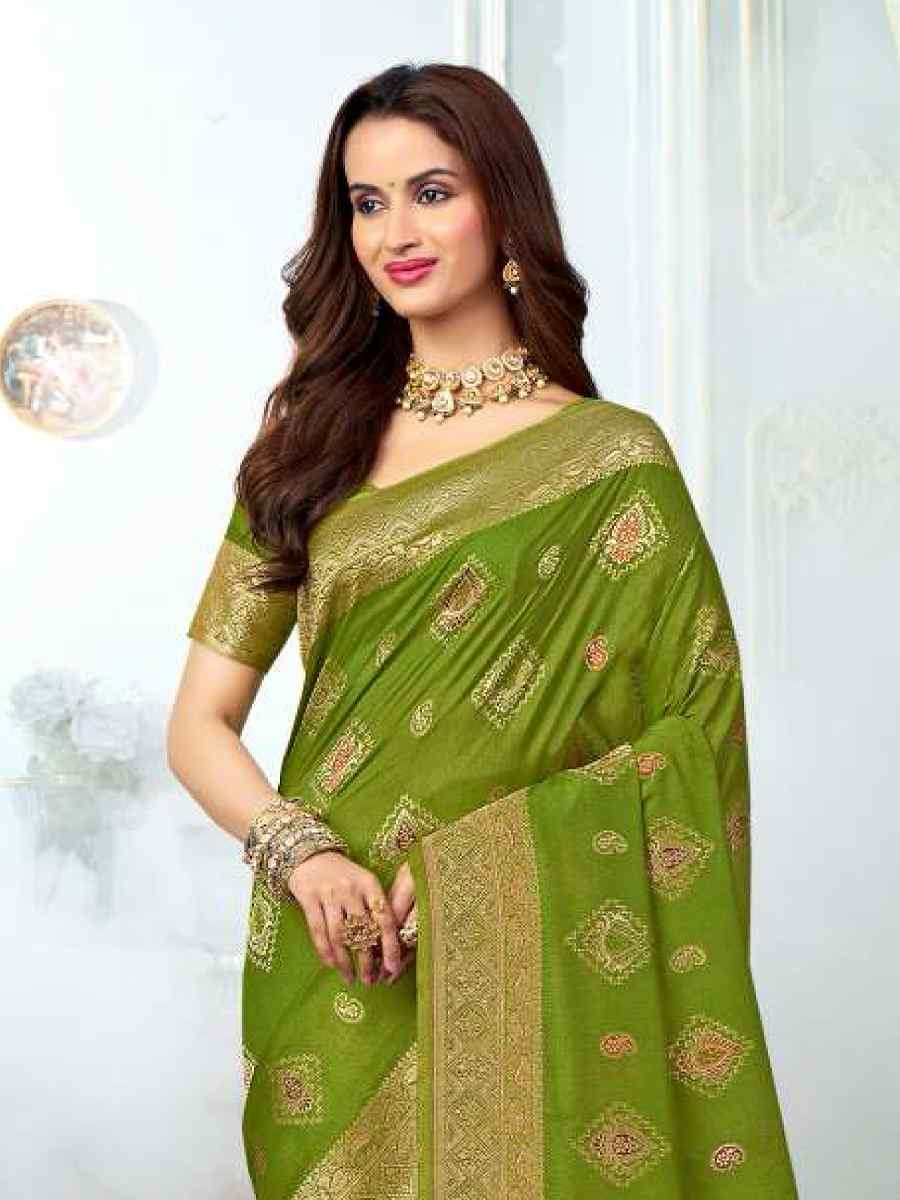 Olive Green Silk Handwoven Festival Wedding Heavy Border Saree