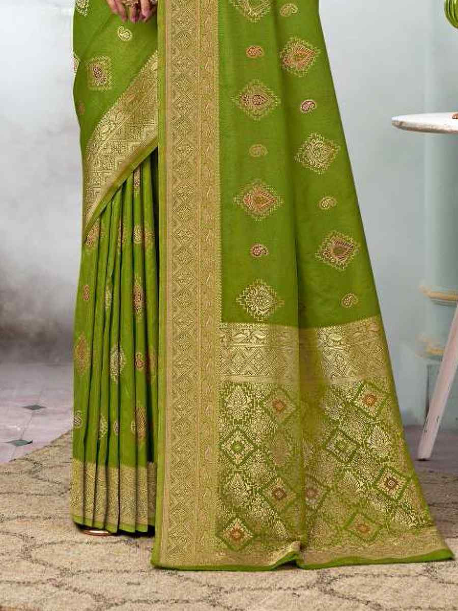 Olive Green Silk Handwoven Festival Wedding Heavy Border Saree