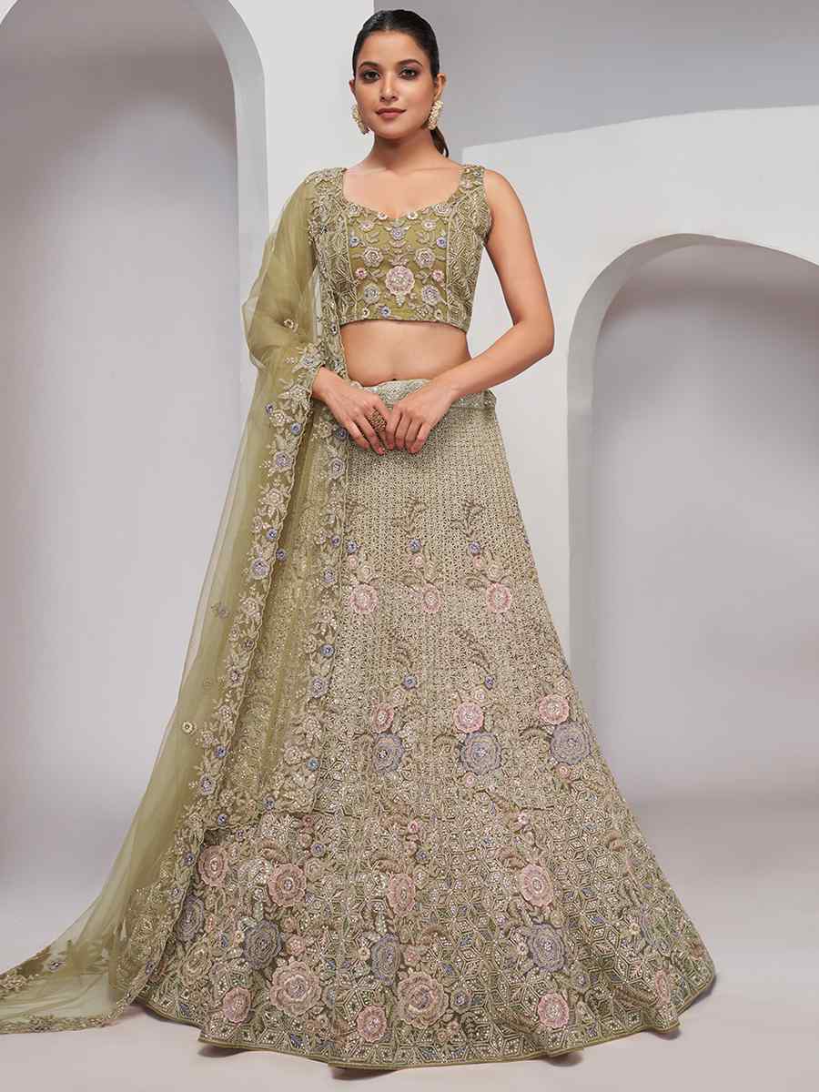 Olive Green Soft Net Embroidery Bridesmaid Wedding Heavy Border Lehenga Choli