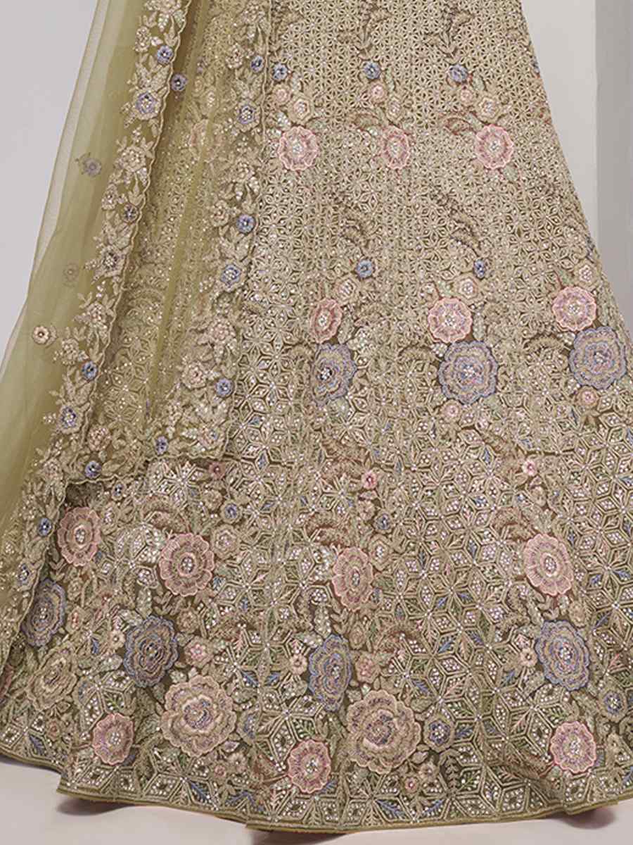 Olive Green Soft Net Embroidery Bridesmaid Wedding Heavy Border Lehenga Choli