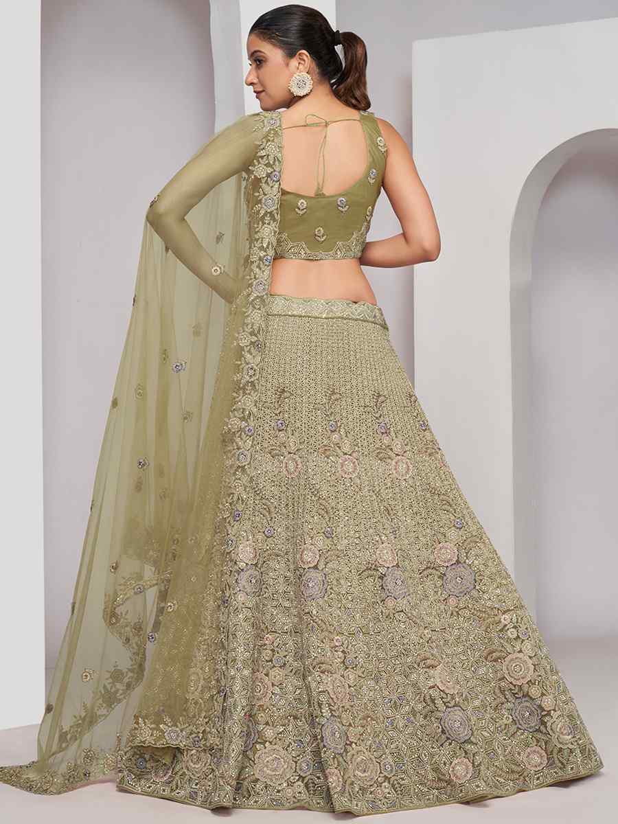 Olive Green Soft Net Embroidery Bridesmaid Wedding Heavy Border Lehenga Choli