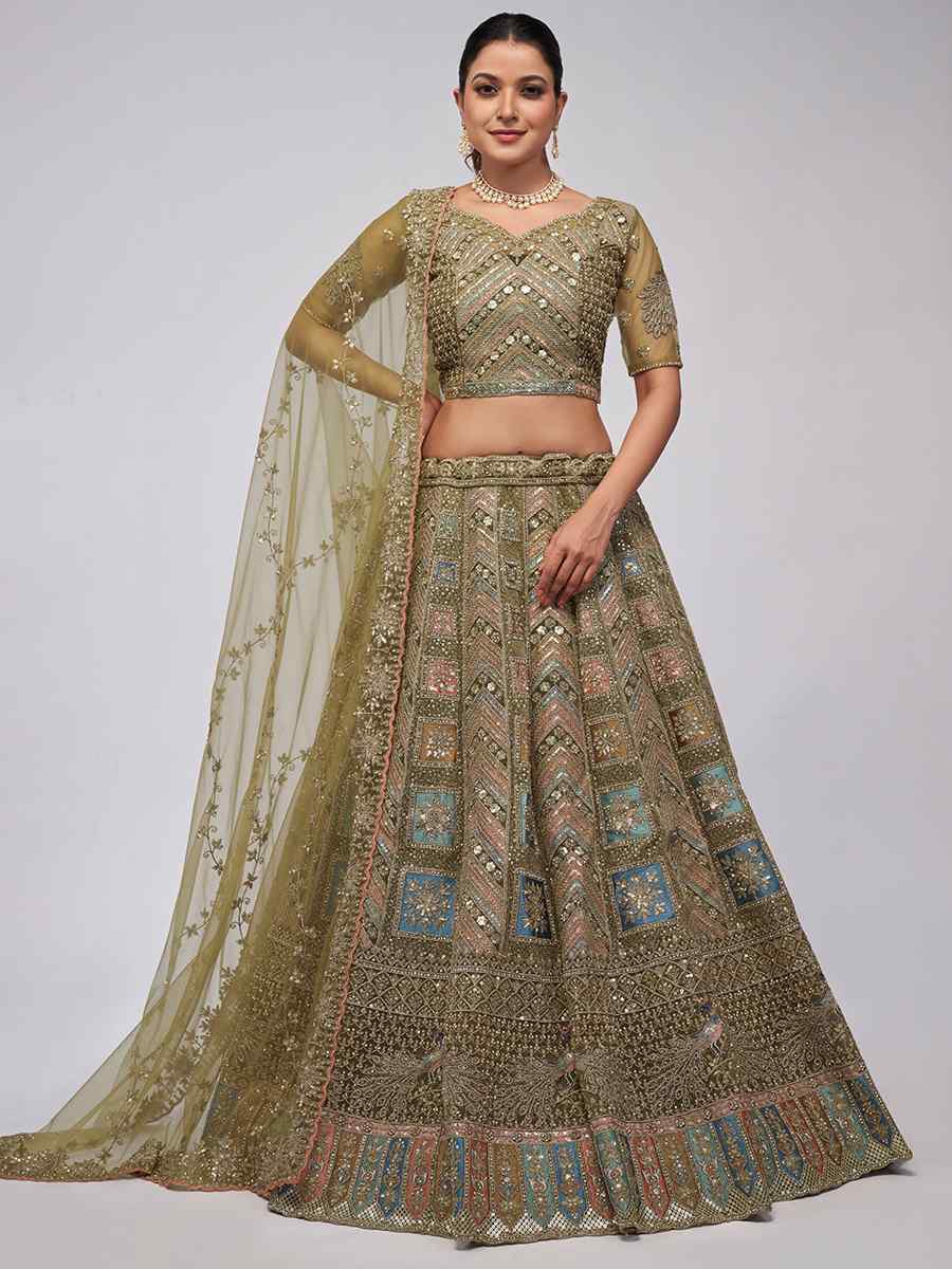 Olive Green Soft Net Embroidery Bridesmaid Wedding Heavy Border Lehenga Choli