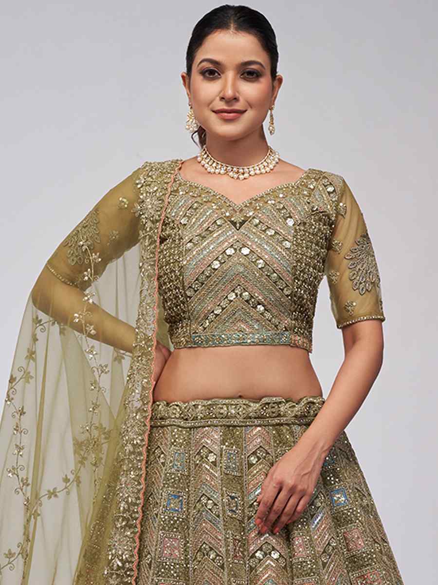 Olive Green Soft Net Embroidery Bridesmaid Wedding Heavy Border Lehenga Choli