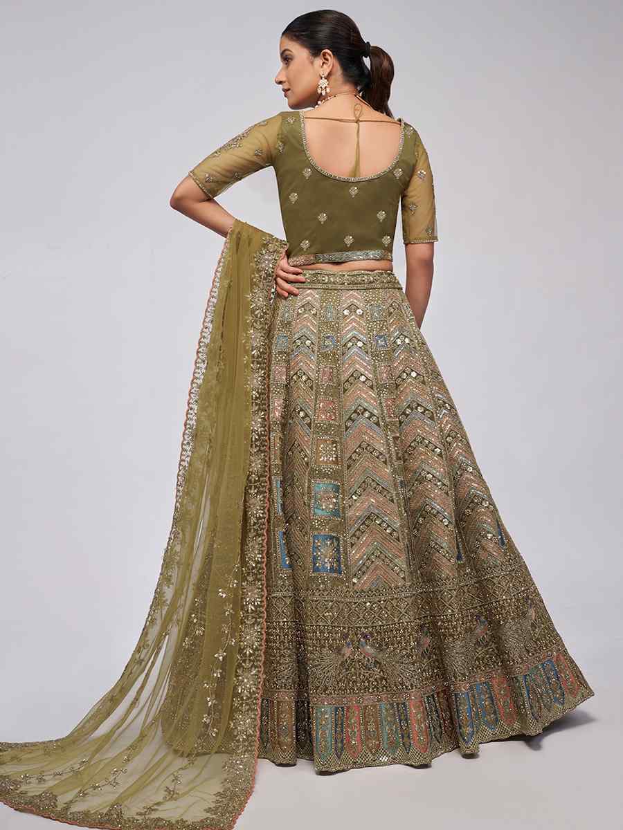 Olive Green Soft Net Embroidery Bridesmaid Wedding Heavy Border Lehenga Choli