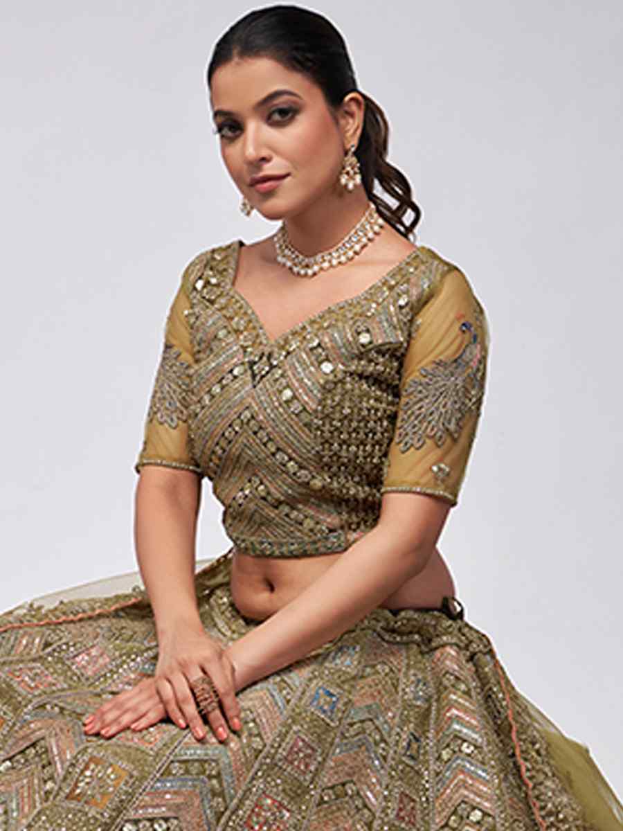 Olive Green Soft Net Embroidery Bridesmaid Wedding Heavy Border Lehenga Choli