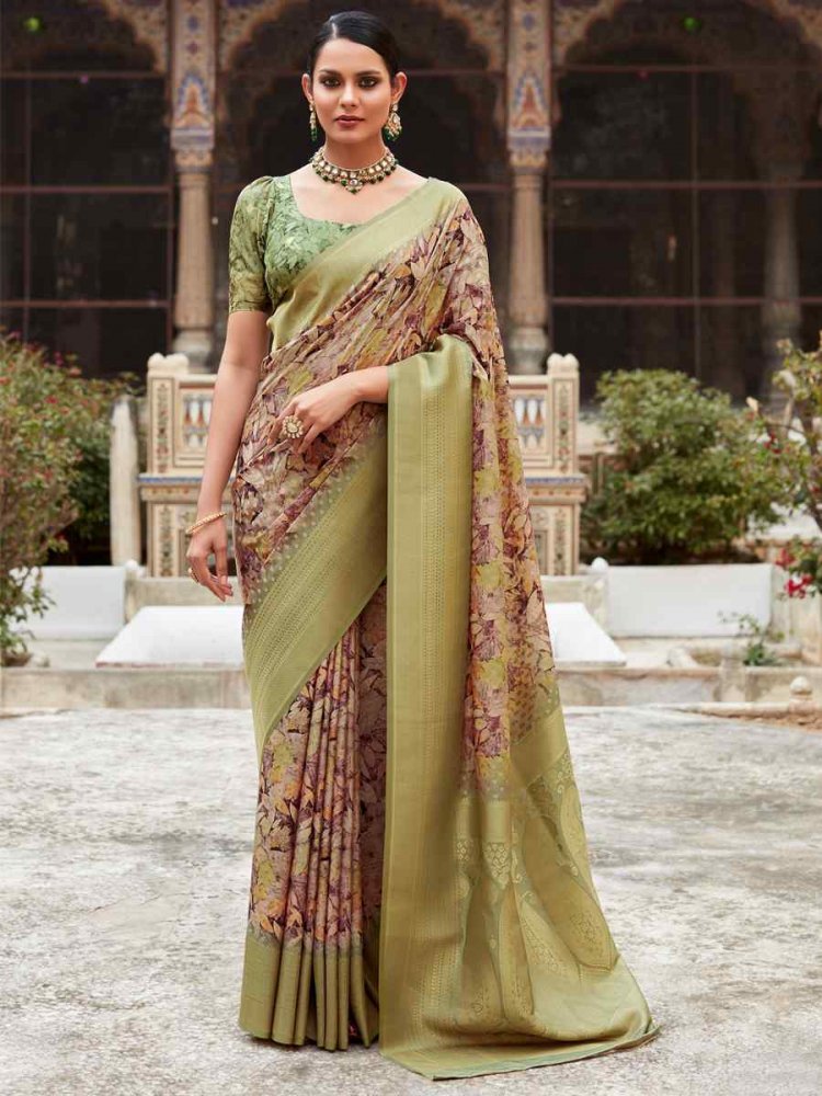 Olive Green Soft Tissue Silk Handwoven Festival Wedding Heavy Border Saree