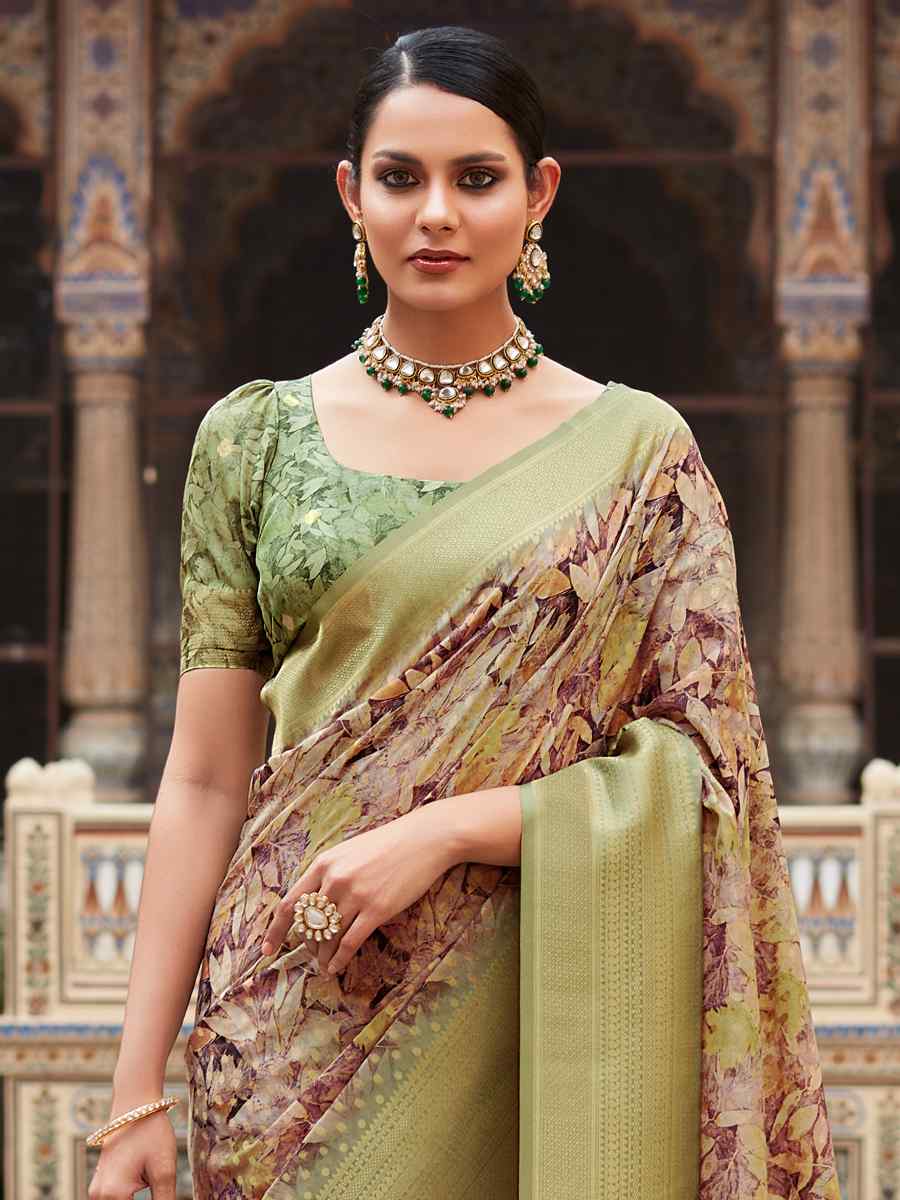 Olive Green Soft Tissue Silk Handwoven Festival Wedding Heavy Border Saree