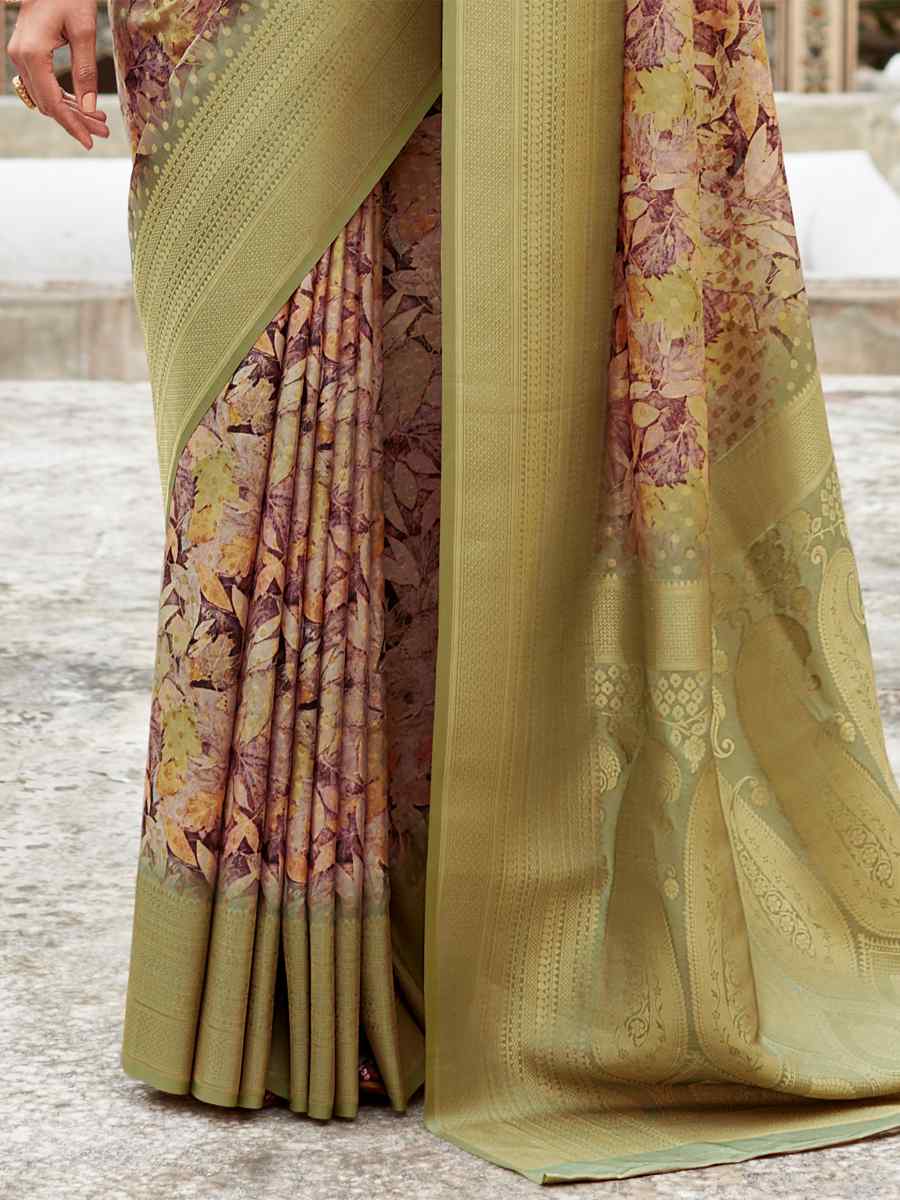 Olive Green Soft Tissue Silk Handwoven Festival Wedding Heavy Border Saree