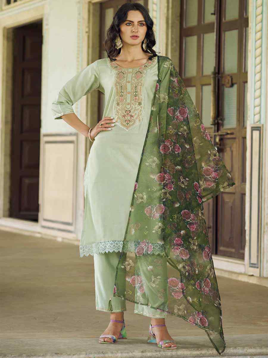 Olive Green Viscose Rayon Embroidered Festival Mehendi Ready Pant Salwar Kameez