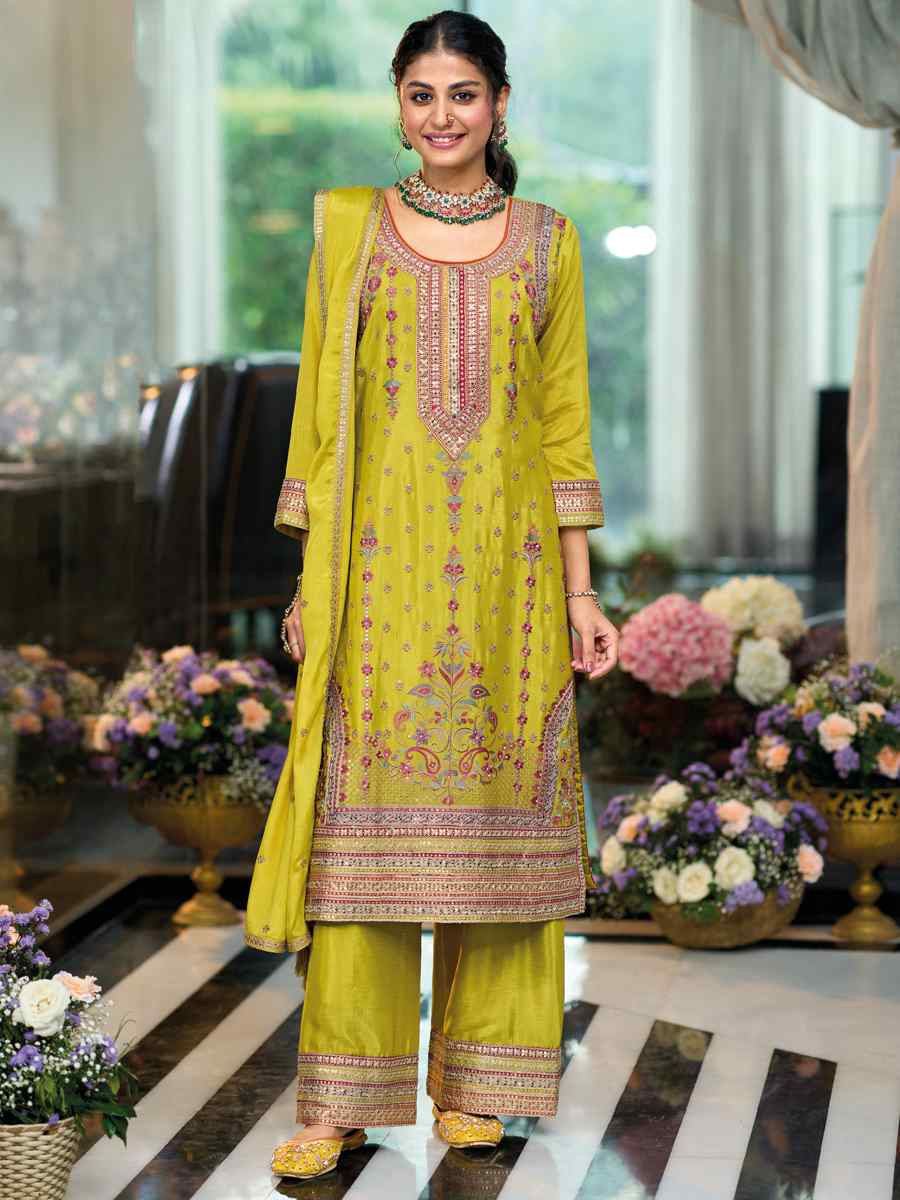 Olive Heavy Chinon Embroidered Festival Wedding Palazzo Pant Salwar Kameez