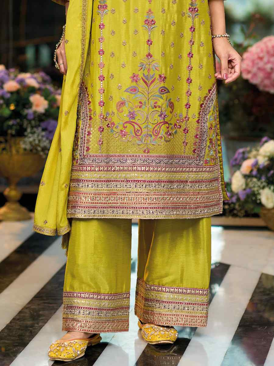 Olive Heavy Chinon Embroidered Festival Wedding Palazzo Pant Salwar Kameez