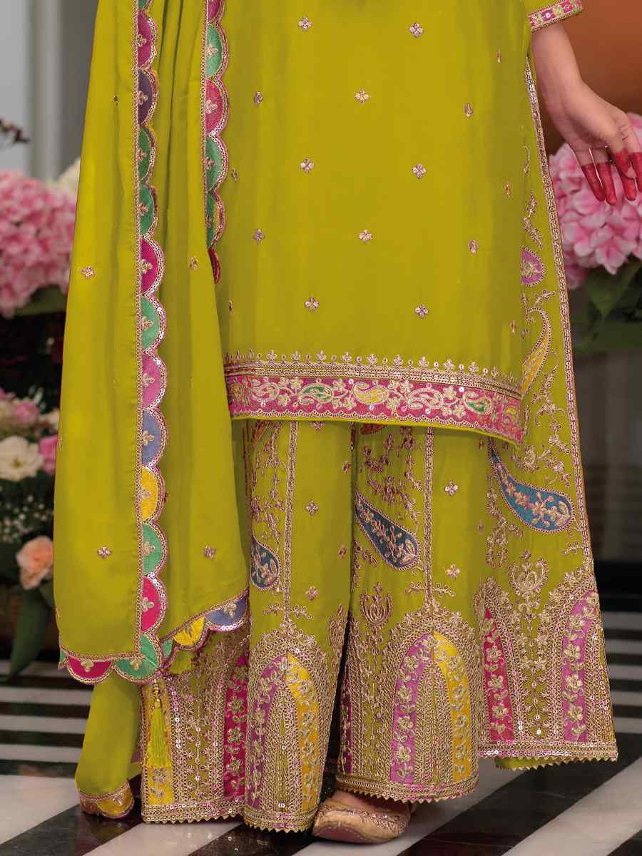 Olive Heavy Chinon Embroidered Festival Wedding Palazzo Pant Salwar Kameez