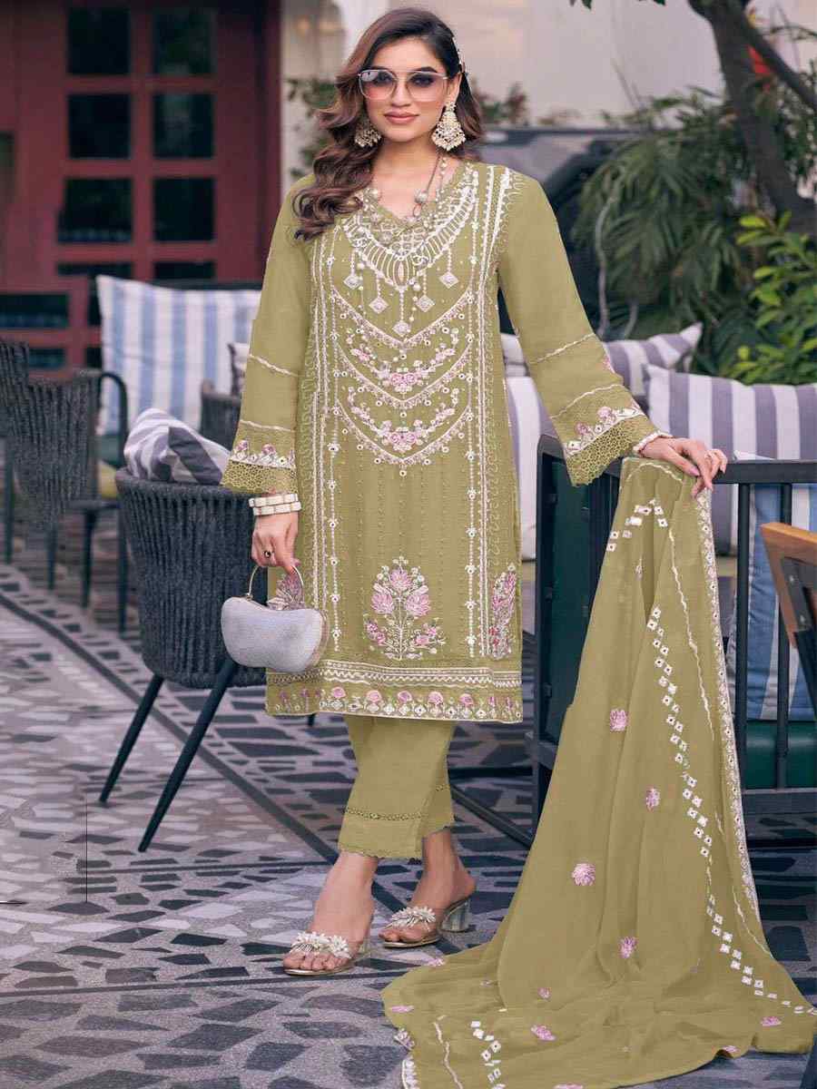 Olive Heavy Fuax Georgette Embroidered Festival Wedding Pant Salwar Kameez