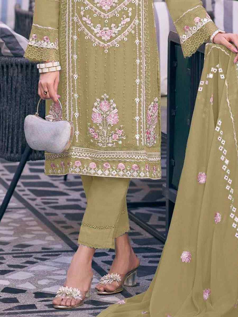 Olive Heavy Fuax Georgette Embroidered Festival Wedding Pant Salwar Kameez