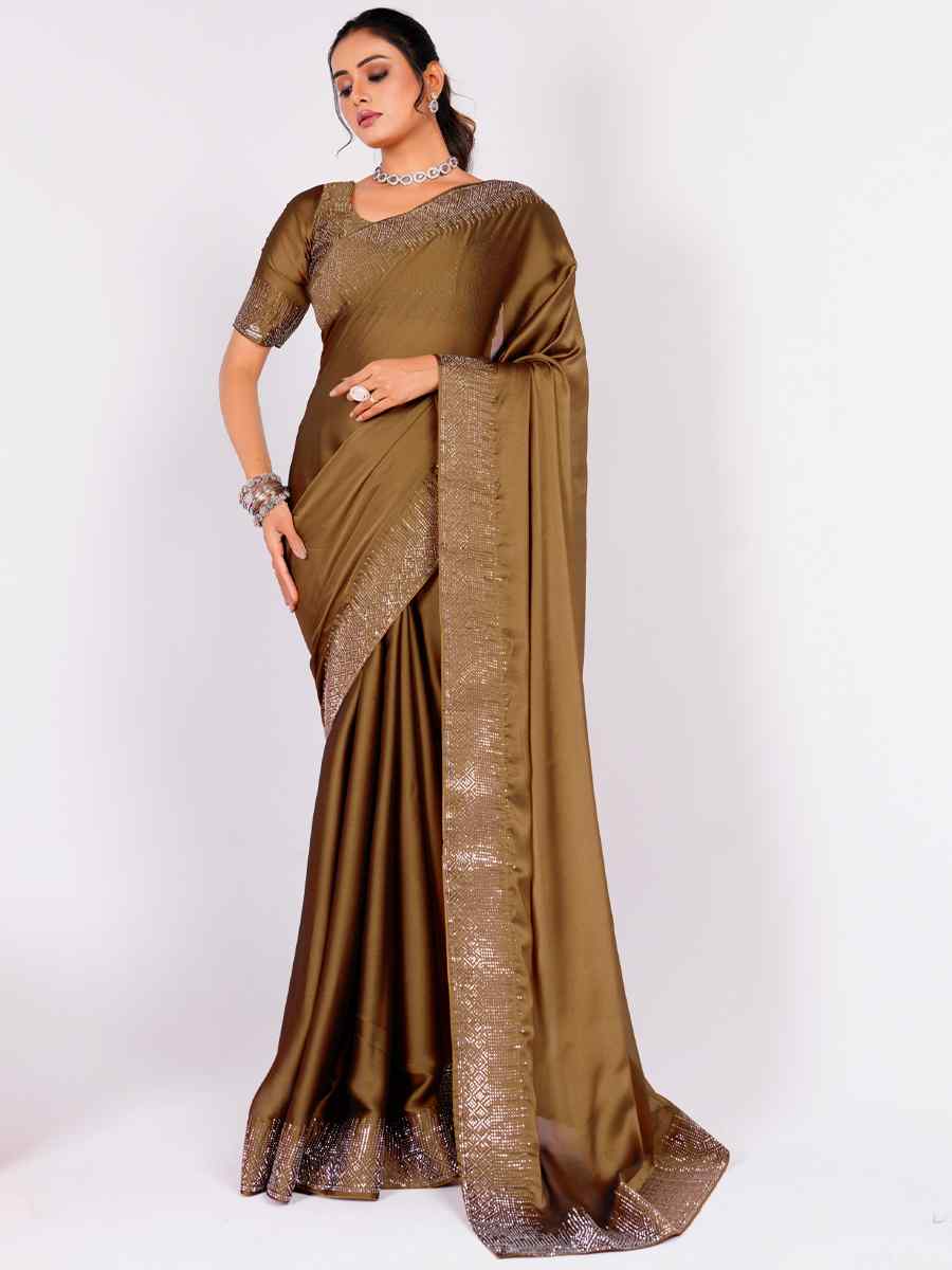 Olive Mehendi Rangoli Embroidered Wedding Party Heavy Border Saree