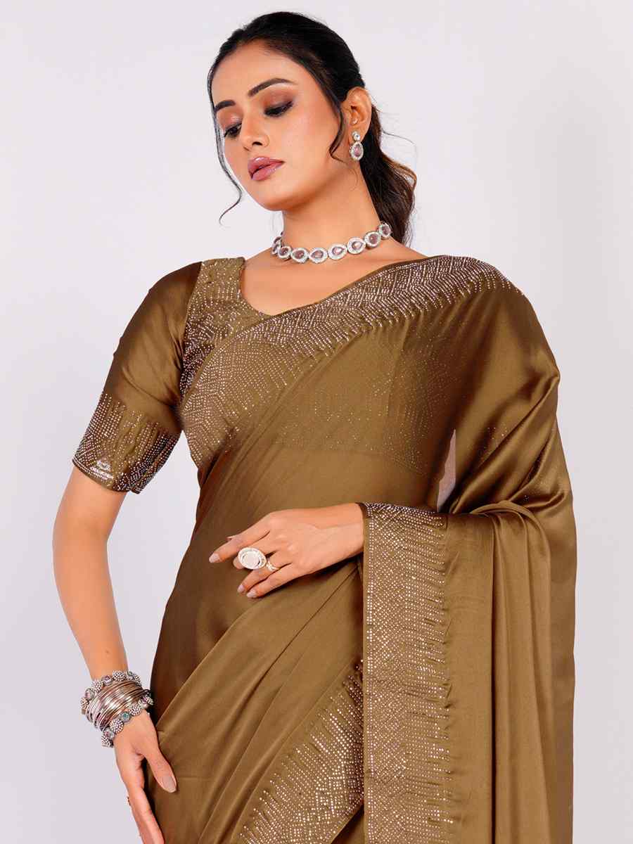 Olive Mehendi Rangoli Embroidered Wedding Party Heavy Border Saree