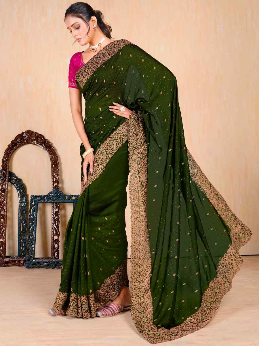 Olive Mehendi Vichitra Embroidered Wedding Party Heavy Border Saree