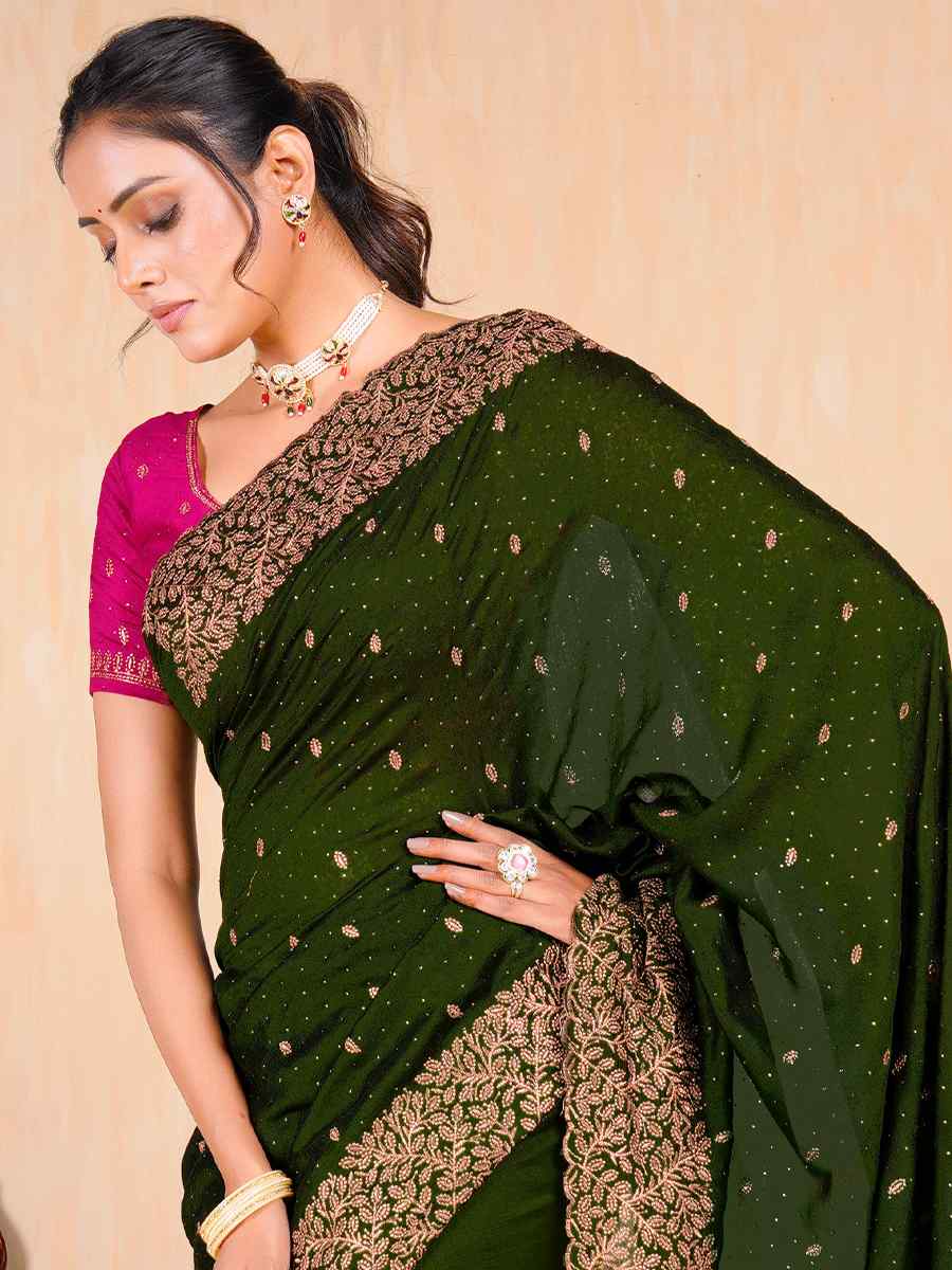 Olive Mehendi Vichitra Embroidered Wedding Party Heavy Border Saree