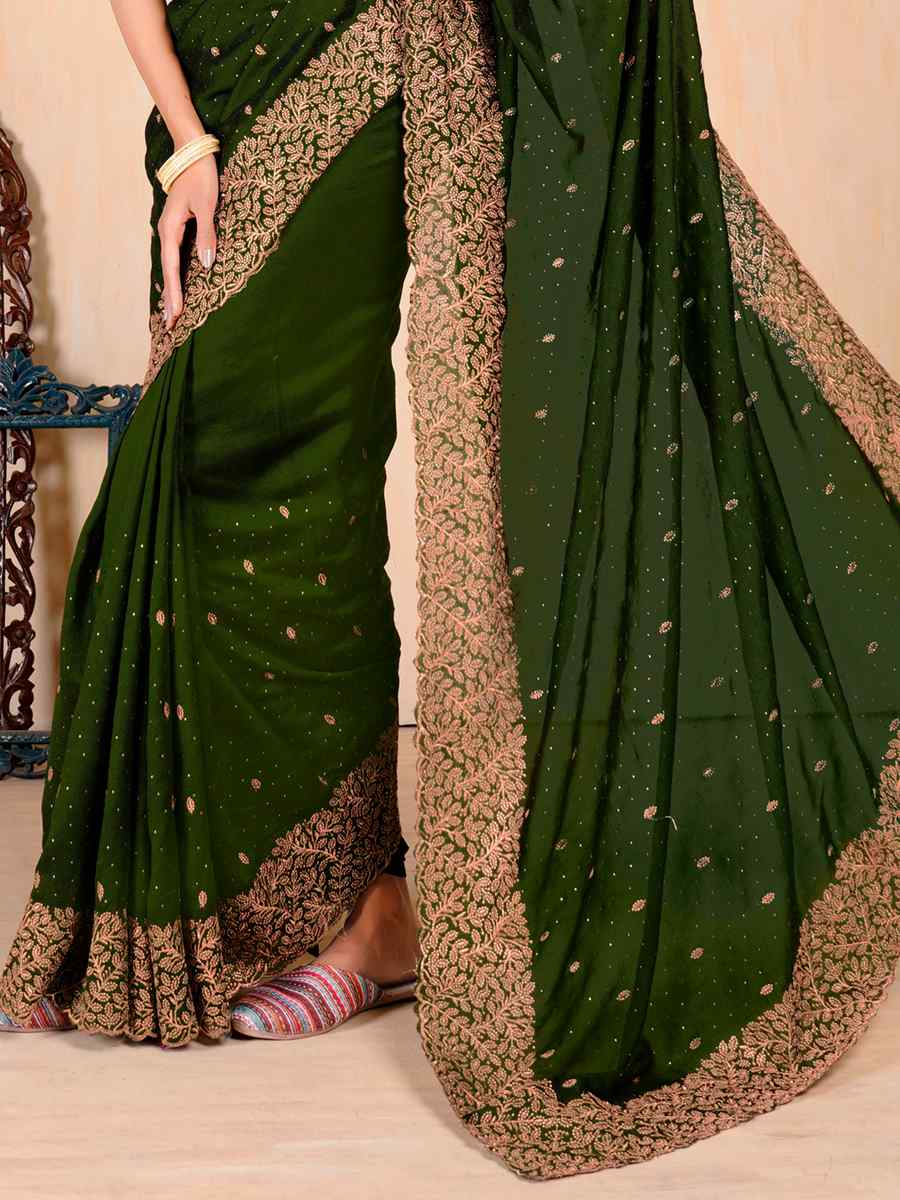 Olive Mehendi Vichitra Embroidered Wedding Party Heavy Border Saree