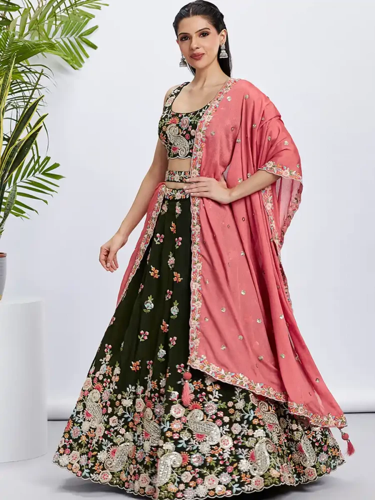 Olive Organza Embroidery Reception Wedding Heavy Border Lehenga Choli