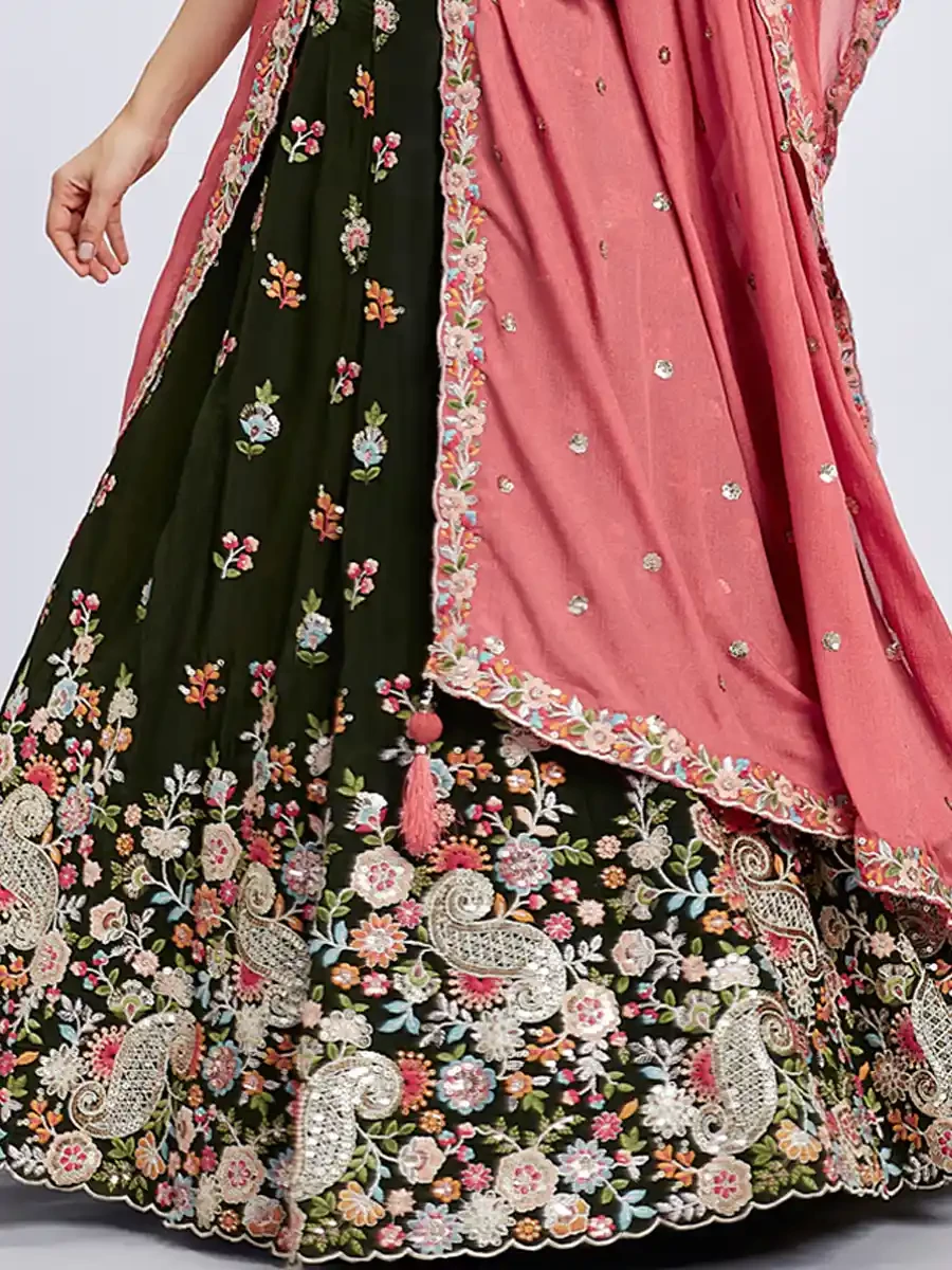 Olive Organza Embroidery Reception Wedding Heavy Border Lehenga Choli